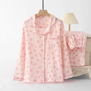 Spring New Ladies Pajamas Set Heart Printed Crepe Cotton Double-layer Gauze Turn-down Collar Long-sleeve Trousers Household Wear