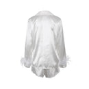 Women 2PCS Pajamas Patchwork Feather Cuffs Solid Color Long Sleeve Lapel Button Shirt with Short Pants Loose Loungewear Outfits