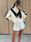 Casual Paneled Contrast Women's Pants Sets Stand Collar Zipper Cropped Jackets Elastic Wide Leg Pant 2026 Autumn Lady Tracksuits