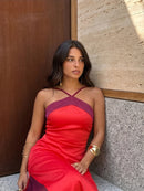 Color Blocking Scarf Collar Sling Dress Sexy Waist Cinching Chic Split Bodycon Maxi Dresses 2026 Lady Club Party Vestido