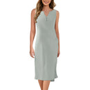 Breathable Summer Women Midi Dress Linen Blend Notch V Neck Dress Button Sleeveless Loose Fit Dresses Comfy Casual Beach Outfit