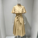 Women Trench Style Midi Dress Stand Collar Cape Overlay Short Sleeve Belted Waist A‑Line Dresses Autumn Elegant Office Outfits