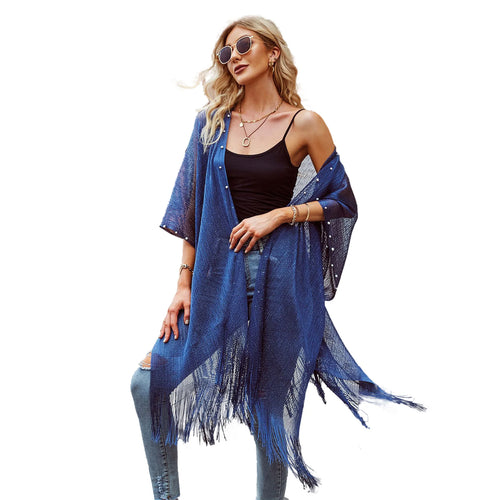 Women Sun Protection Shawl Lady Summer Hollow Out Cardigan Holiday Bikini Blouse Breathable Beach Cape Sexy Tippet with Pearls