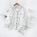 Spring New Ladies Pajamas Set Heart Printed Crepe Cotton Double-layer Gauze Turn-down Collar Long-sleeve Trousers Household Wear