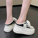 9.5cm Increasing Height Women Slippers 2024New Summer Autumn Canvas Mules Shoes Ladies Round Toe High Wedge Platform Slides Shoe