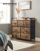 SONGMICS Chest of Drawers, Bedroom Cabinet, 7 Fabric Drawers with Handles, Metal Frame, Rustic Brown and Ink Black
