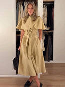 Women Trench Style Midi Dress Stand Collar Cape Overlay Short Sleeve Belted Waist A‑Line Dresses Autumn Elegant Office Outfits