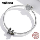 WOSTU 2021 925 Sterling Silver Cute Black Cat Suspend Animals Charm Beads Fit Original Bracelet DIY Jewelry CTC520