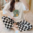 夏季女童两件套睡衣短袖裤子圆领家居服薄款弹力宽松柔软格子卡通印花可爱