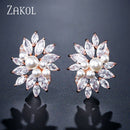ZAKOL 精致立方氧化锆水晶耳钉 女士时尚白色花朵手工婚礼珠宝 EP480
