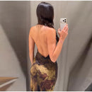 Vintage Floral Printed Midi Dress Women Backless Satin Halter Cutout Bodycon Split Hem Party Dresses 2026 Summer Elegant Gown