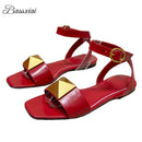 The Rivet Artisan Sandal: Genuine Leather Flat with Statement Buckle
