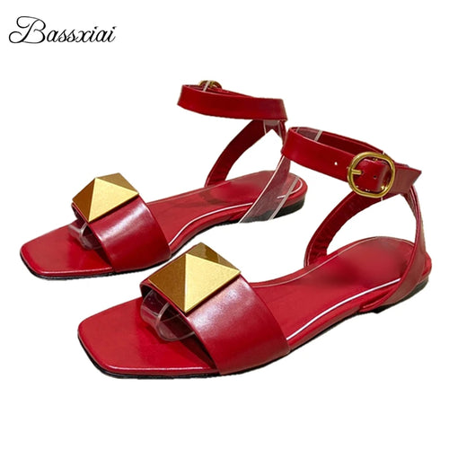 The Rivet Artisan Sandal: Genuine Leather Flat with Statement Buckle