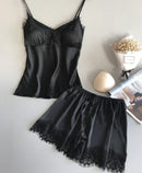 女士冰丝睡衣套装时尚V领蕾丝弹力缎面无缝性感内衣家居服睡衣短裤套装睡衣新品