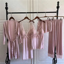 Print Women Satin Pajamas Suit Summer V-Neck Kimono Robe Gown Set With Cheast Pads Nightwear Sexy Lounge Wear Sleepwear