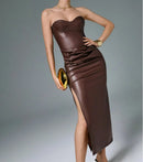 Luxury Leather Strapless Short Dress Women's Sexy Party Curvy Mini Dresses Evening Corset Red Brown Cocktail Autumn Fall 2026