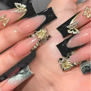 24Pcs Gold French Border False Nails Long Coffin False Nails with Rhinestones Ballerina Full Cover Nail Tips Press on Nails 2030
