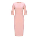 Elegant Women Midi Dress O Neck Half Sleeve Bead Design Party Bodycon Dress Women Fashion Summer Office Dresses Pink White Black