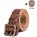 Vintage Genuine Leather Men's Belt With Copper Buckle, Handmade Casual Double Pin Buckle Belt With Gift Box, Thickened Top-layer