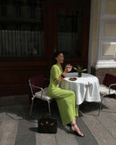 TARUXY Short Sleeve Knitted Long Dress Female Slim Hollow Retro Elegant Sweater Dress 2025 Summer New High Waist Women‘s Dress