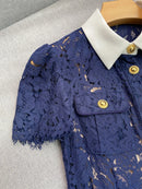 The Cobalt Lace | Floral Lace Patchwork Midi Dress with Retro Turn-Down Collar
