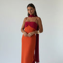 Color Blocking Scarf Collar Sling Dress Sexy Waist Cinching Chic Split Bodycon Maxi Dresses 2026 Lady Club Party Vestido