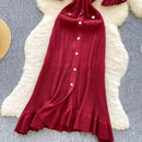 SINGREINY Summer OL Knit Dress 2025 Women V Neck Button Design Slim Mermaid Sundress Fashion Elastic Solid Bohemian Long Dress