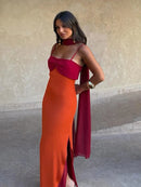 Fashion Women Color Blocking Scarf Collar Sling Dress Sexy Split Waist Cinching Bodycon Maxi Gowns 2026 Lady Club Party Vestidos