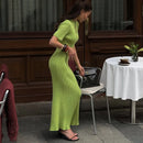 TARUXY Short Sleeve Knitted Long Dress Female Slim Hollow Retro Elegant Sweater Dress 2025 Summer New High Waist Women‘s Dress