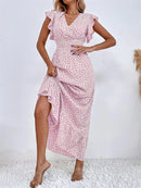 Msfilia V-neck Lotus Leaf Edge Elegant Dress Women Spring Summer Printed Long Dress