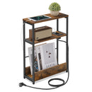 Table d'Appoint Fine avec Multiprise, pour Petits Espaces, Porte-Magazines, Salon, Chambre, Bureau, Marron Rustique et Noir