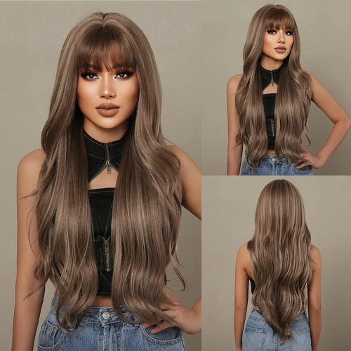 HAIRCUBE棕色渐变金色合成假发带刘海长款自然波浪发假发女式日常角色扮演耐热