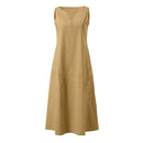 Breathable Summer Women Midi Dress Linen Blend Notch V Neck Dress Button Sleeveless Loose Fit Dresses Comfy Casual Beach Outfit