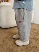 2026 Fall New Toddler Kids Pants Cotton Cartoon Embroidered Harem Pants Baby Boy Casual Striped Denim Baggy Trousers