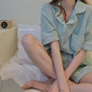 韩版女式睡衣短裤套装 口袋家居服睡衣两件套 夏季睡衣纽扣居家服 纯色睡衣 2024