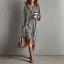 Retro Chic Women Midi Dress Corduroy Fabric Lapel Collar Popular Button Front Loose Fit Long Sleeve Comfy Casual Daily Outfit