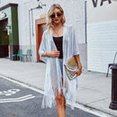 Women Sun Protection Shawl Lady Summer Hollow Out Cardigan Holiday Bikini Blouse Breathable Beach Cape Sexy Tippet with Pearls