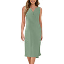 Breathable Summer Women Midi Dress Linen Blend Notch V Neck Dress Button Sleeveless Loose Fit Dresses Comfy Casual Beach Outfit