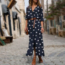 Summer Polka Dot Print Maxi Dress Women's Button Up Split Flowy Shirt Long Dresses Slim Long Sleeve Shirts Dresses With Belt