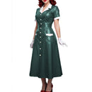 Elegant Women Midi Dress Shiny PVC Leather Turn-down Collar Patchwork Single-Breasted Long Dress Party Club  A-line Female Dress