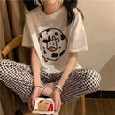 夏季女童两件套睡衣短袖裤子圆领家居服薄款弹力宽松柔软格子卡通印花可爱