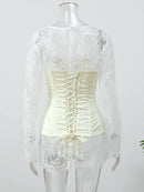 Sexy Lace Dress For Women Strapless Fishbone Corset Slim Waist Long Sleeve Mini Dresses 2026 New Hollow Out Party Two Piece Set