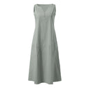 Breathable Summer Women Midi Dress Linen Blend Notch V Neck Dress Button Sleeveless Loose Fit Dresses Comfy Casual Beach Outfit