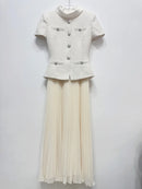 The Atelier Tweed | Pleated Patchwork Midi Dress with Structured Stand Collar