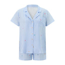 Women’s 2 Piece Casual Sets Lounge Outfits Cute Love Striped Print Short Sleeve Shirt + Drawstring Lace up Shorts Sets Homewear