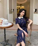 The Cobalt Lace | Floral Lace Patchwork Midi Dress with Retro Turn-Down Collar