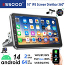 ESSGOO 10英寸安卓14 4+64G 无线Carplay车载音响 可旋转触摸屏 1 DIN GPS导航 蓝牙 FM RDS WIFI USB EQ SWC 麦克风
