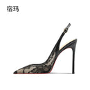 Black lace high-heeled sandals for the summer of 2025, new pointed, thin heel,shallow mouth,comfortable professional single shoe