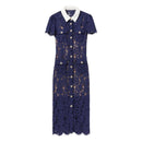The Cobalt Lace | Floral Lace Patchwork Midi Dress with Retro Turn-Down Collar