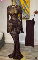 CM.YAYA 2025 Fall Women Long Sleeve Stacked Mesh See Though with Lining Bodycon Long Dress Evening Birthday Sexy Party Dresses